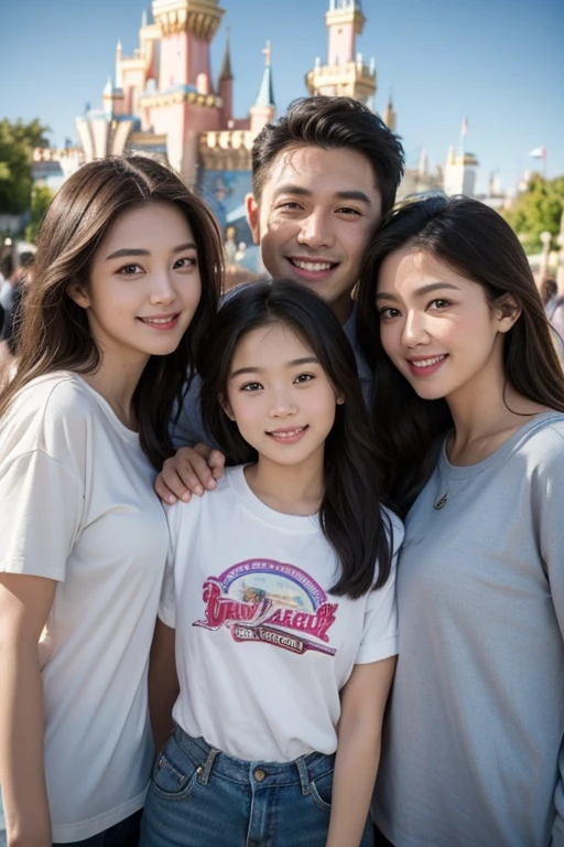 family group highlights wearing a casual clothes, highly detailed, 20 years old, innocent face, natural mixed hair, hazel eyes, Beauty 5 people, 5 people beauties, Casual clothes, A hyper-realistic, Smiling expression, Disneyland hiquality, Friends group, Nikon, Canon, Fujifilm, HD, 4K, 8k