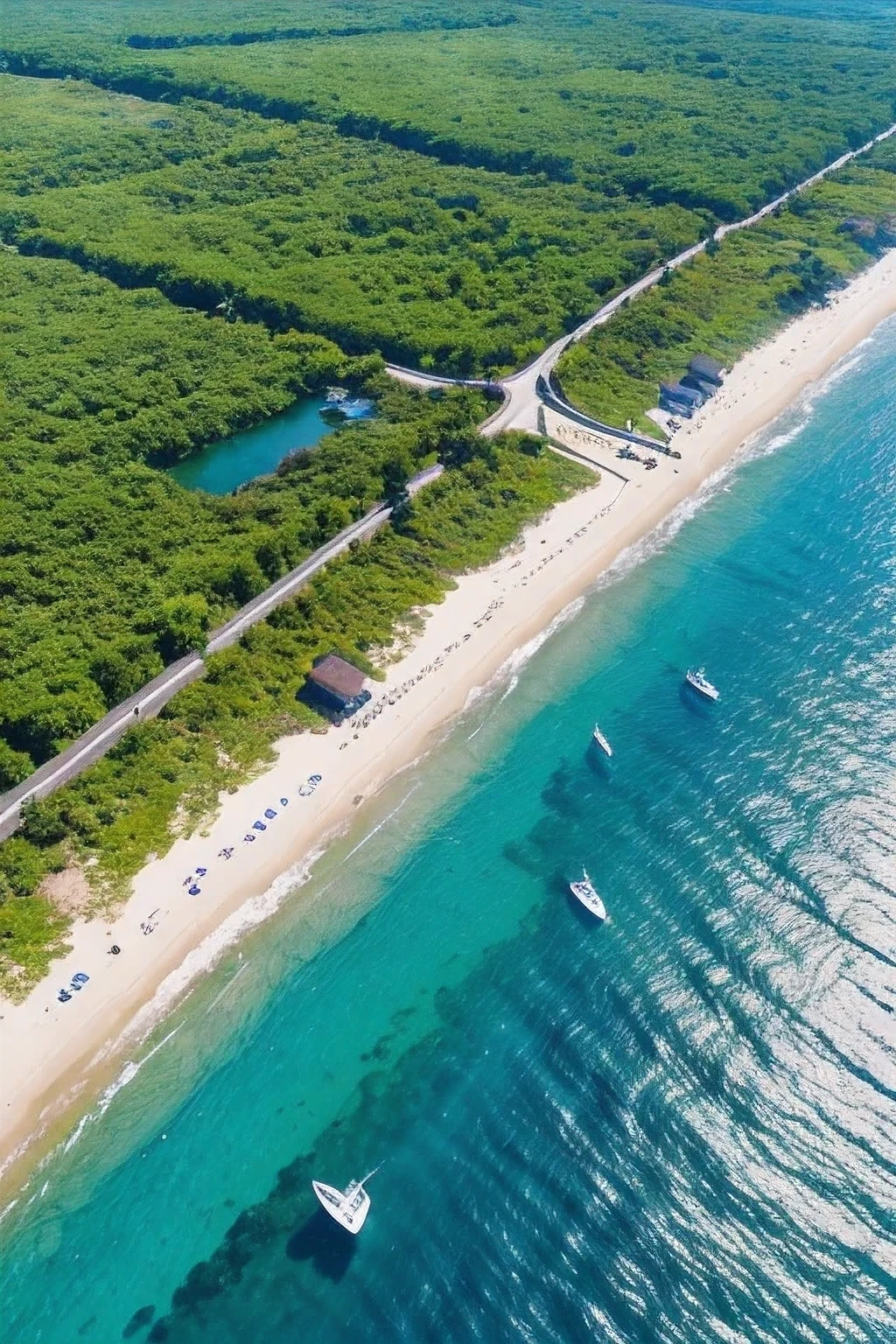 best quality, 8k, high resolution, ultra-detailed, extremely detailed, top quality, realistic, summer vacation, blue coast, sunshine, bird's-eye view