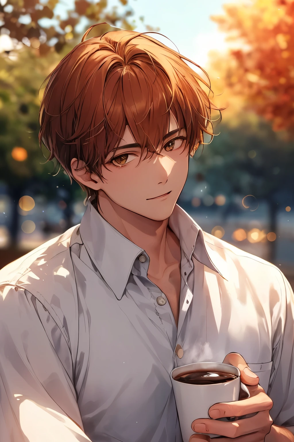 homem de 20 anos bonito,Maximum quality, Vazamento da Sky Tree no outono,   Olhos laranja brilhantes detalhados fundo detalhado, luz solar difusa, profundidade de campos, bokeh dof，looking at the sky，Luz refletida na camisa branca，Travel coffee cups，