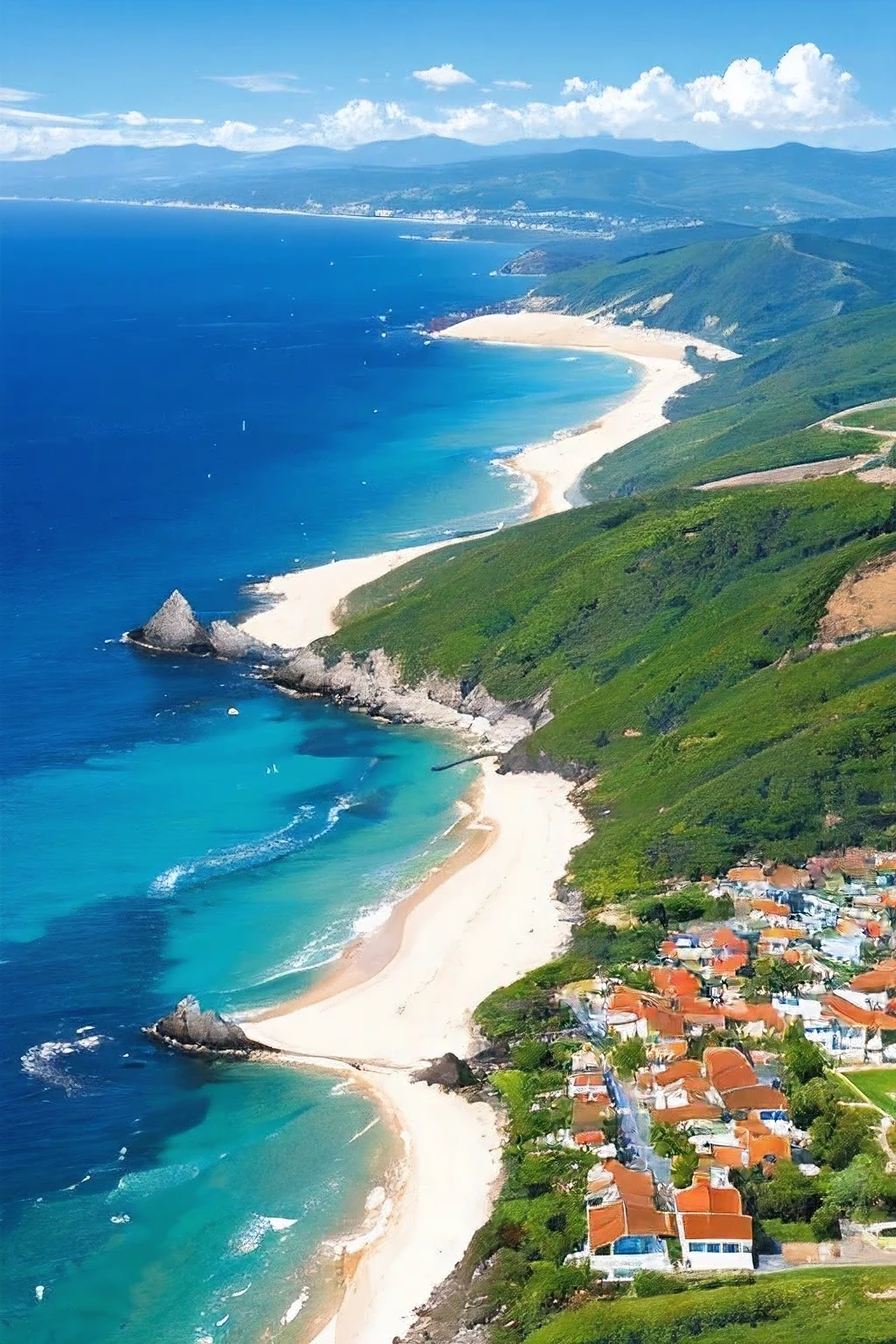 best quality, 8k, high resolution, ultra-detailed, extremely detailed, top quality, realistic, summer vacation, blue coast, sunshine,