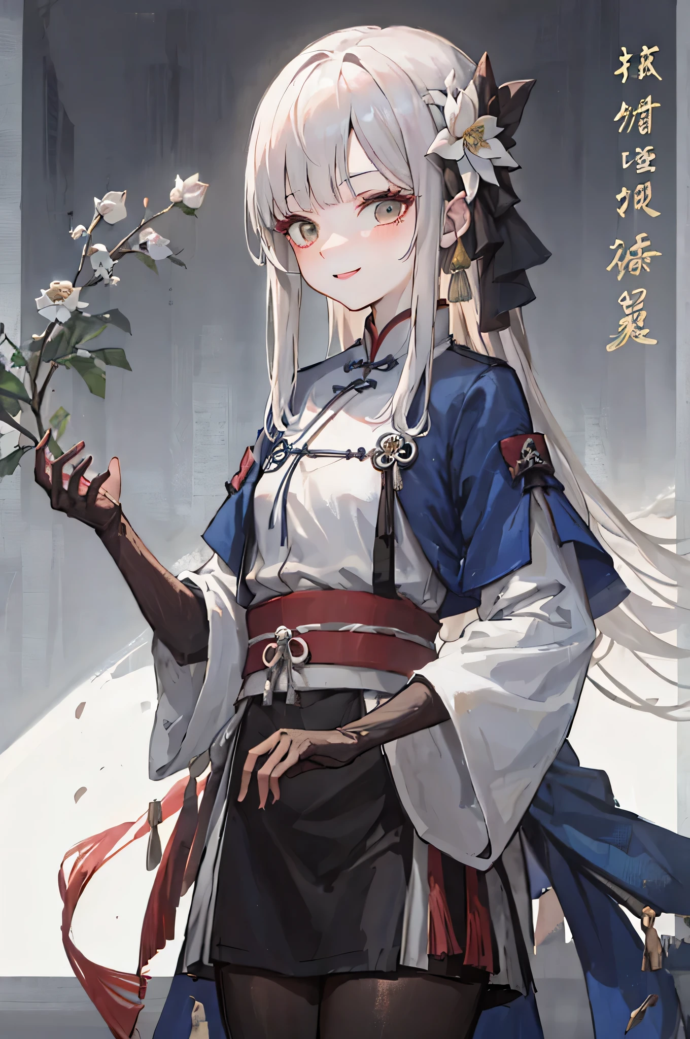 ((4K,masterpiece,highest quality)), Shuimobisim, traditional Chinese painting, Lotus flower, Hanfu, maxi kit, Modestly dressed 1 girl, alone, blue long hair, Smiled, Are standing, white pantyhose，((Upper body)),