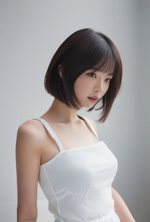 ((Top Quality, 8k, Masterpiece: 1.4)), japanese woman, ((blush, very short bob cut, skinny:1.2)), ((30 years old:1,2)), ((looking at viewer:1.4)), see through white tank top,
