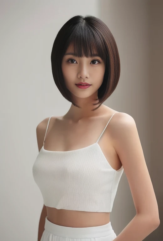 ((Top Quality, 8k, Masterpiece: 1.4)), japanese woman, ((blush, very short bob cut, skinny:1.2)), ((30 years old:1,2)), ((looking at viewer:1.4)), see through white tank top,