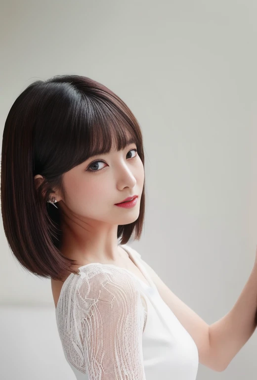 ((Top Quality, 8k, Masterpiece: 1.4)), japanese woman, ((blush, very short bob cut, skinny:1.2)), ((30 years old:1,2)), ((looking at viewer:1.4)), see through white tank top,