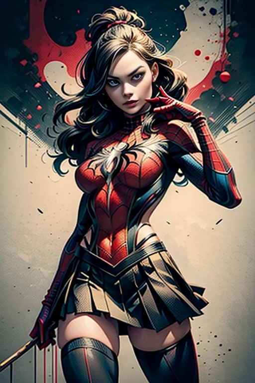 Margot Robbie、stick out the navel、new york、She's wearing a torn Spider-Man suit,Wearing a skirt、 Red and black color scheme,dynamic、masterpiece、highest quality、Ultra-detailed、Very detailed、Beautiful sparkle in the details、超A high resolution