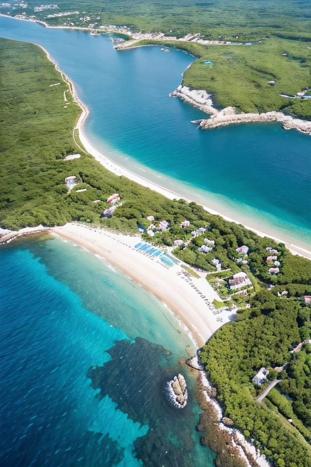 best quality, 8k, high resolution, ultra-detailed, extremely detailed, top quality, realistic, summer vacation, blue coast, sunshine, bird's-eye view