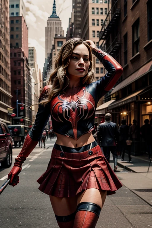 Margot Robbie、stick out the navel、new york、She's wearing a torn Spider-Man suit,Wearing a skirt、 Red and black color scheme,dynamic、masterpiece、highest quality、Ultra-detailed、Very detailed、Beautiful sparkle in the details、超A high resolution