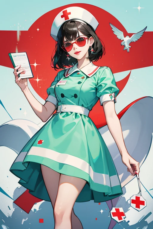 She is a light green with black hair and light red lips. She wears a light blue nurse dress, white shoes, non-transparent sunglasses, and a white nurse hat with a red cross. SPARKLE; GLITTER