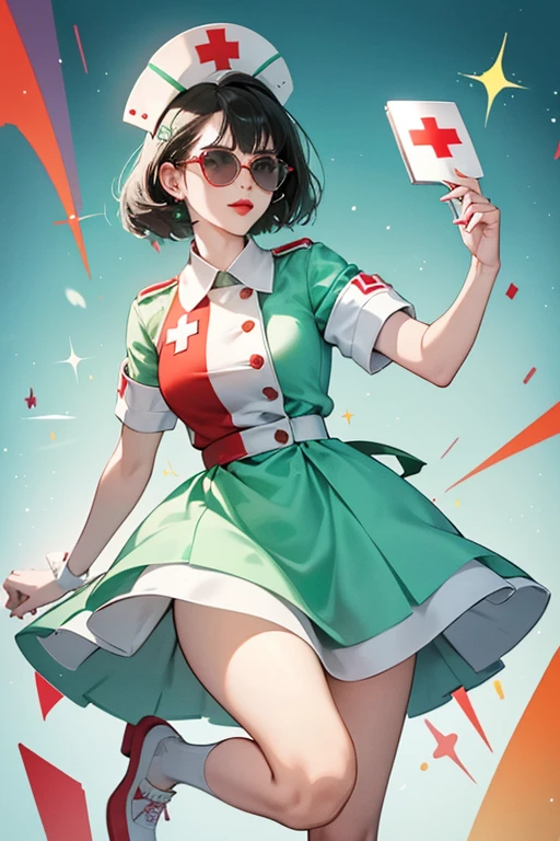 She is a light green with black hair and light red lips. She wears a light blue nurse dress, white shoes, non-transparent sunglasses, and a white nurse hat with a red cross. SPARKLE; GLITTER