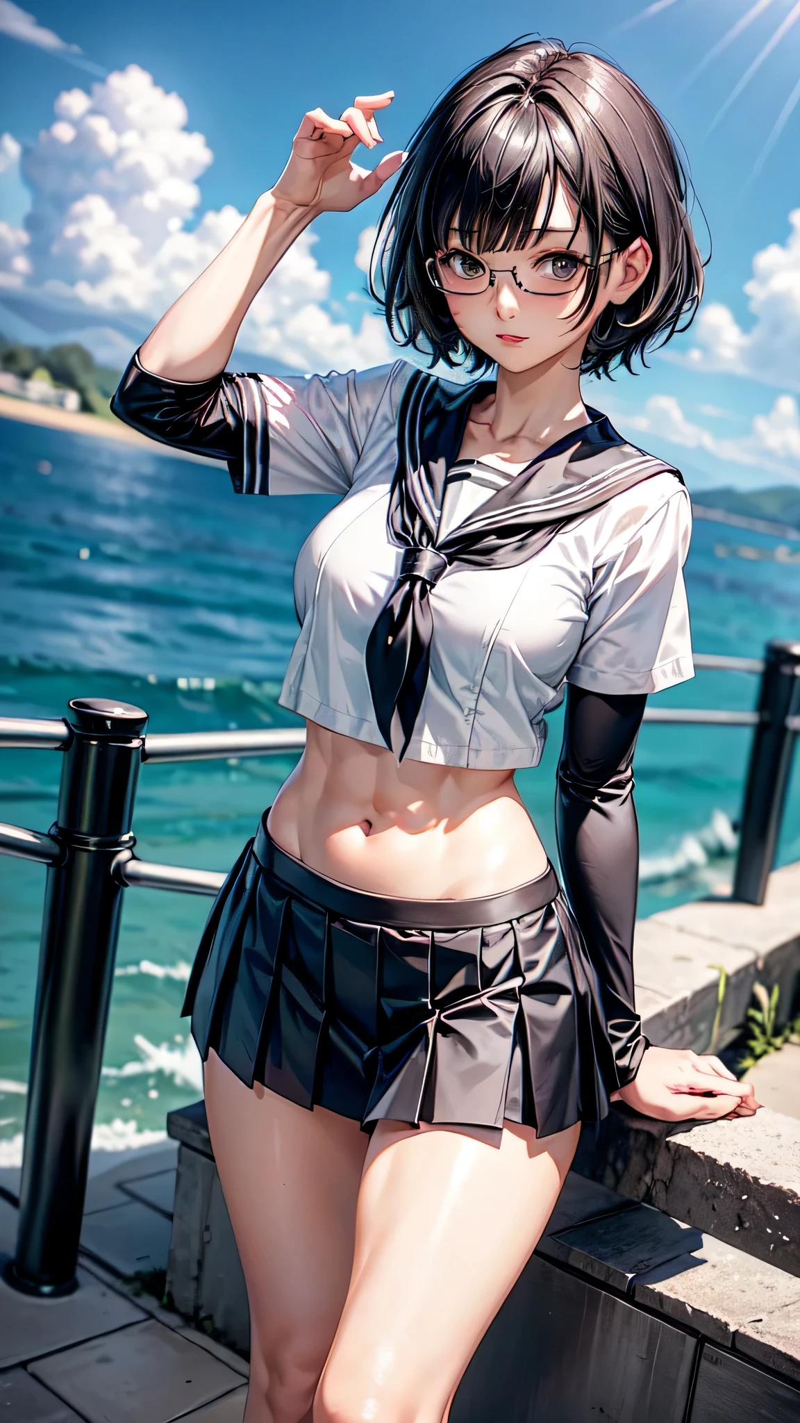 (1 female),(solo),(front),(crying:1.5),BREAK,black short hair,(large breasts),(beautiful abs1.1),(thick muscular legs),(very slim body:1.4),BREAK,black glasses,BREAK,(short sleeved white sailor suit:1.4),(crop top:1.5),((amount cum in pussy:1.6)), BREAK,(black thighhighs boots),BREAK,((Highest quality)),masterpiece,Perfect Anatomy,Highly detailed face and eyes