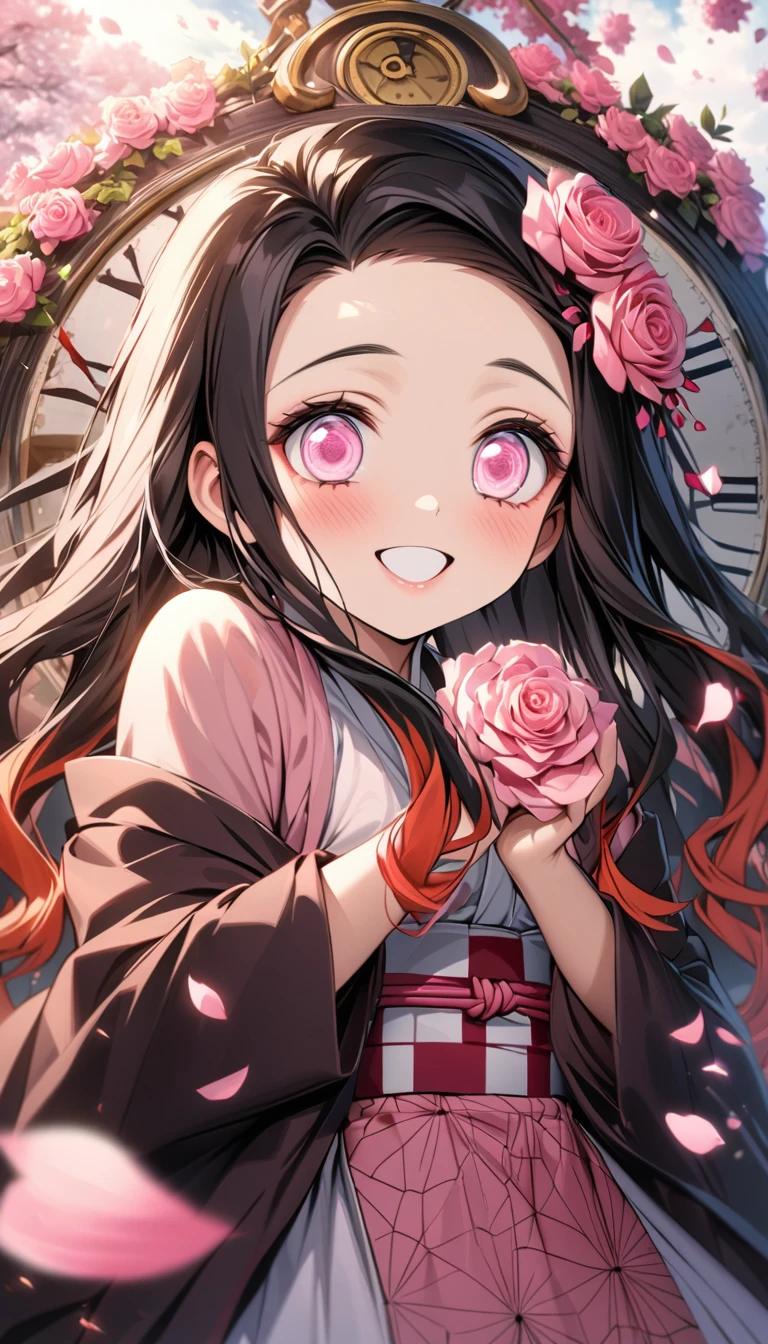 absurdres, highres, ultra detailed, HDR, masterpiece, extremely detailed face and eyes, perfect face, beautiful eyes, delicate features, Kamado Nezuko, expressive pink eyes, Kimetsu No Yaiba, happy, solo, woman, extremely beautiful, pretty, pink roses, blossoms, petals, in woderland, clock