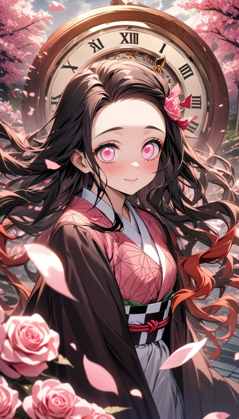 absurdres, highres, ultra detailed, HDR, masterpiece, extremely detailed face and eyes, perfect face, beautiful eyes, delicate features, Kamado Nezuko, expressive pink eyes, Kimetsu No Yaiba, happy, solo, woman, extremely beautiful, pretty, pink roses, blossoms, petals, in woderland, clock