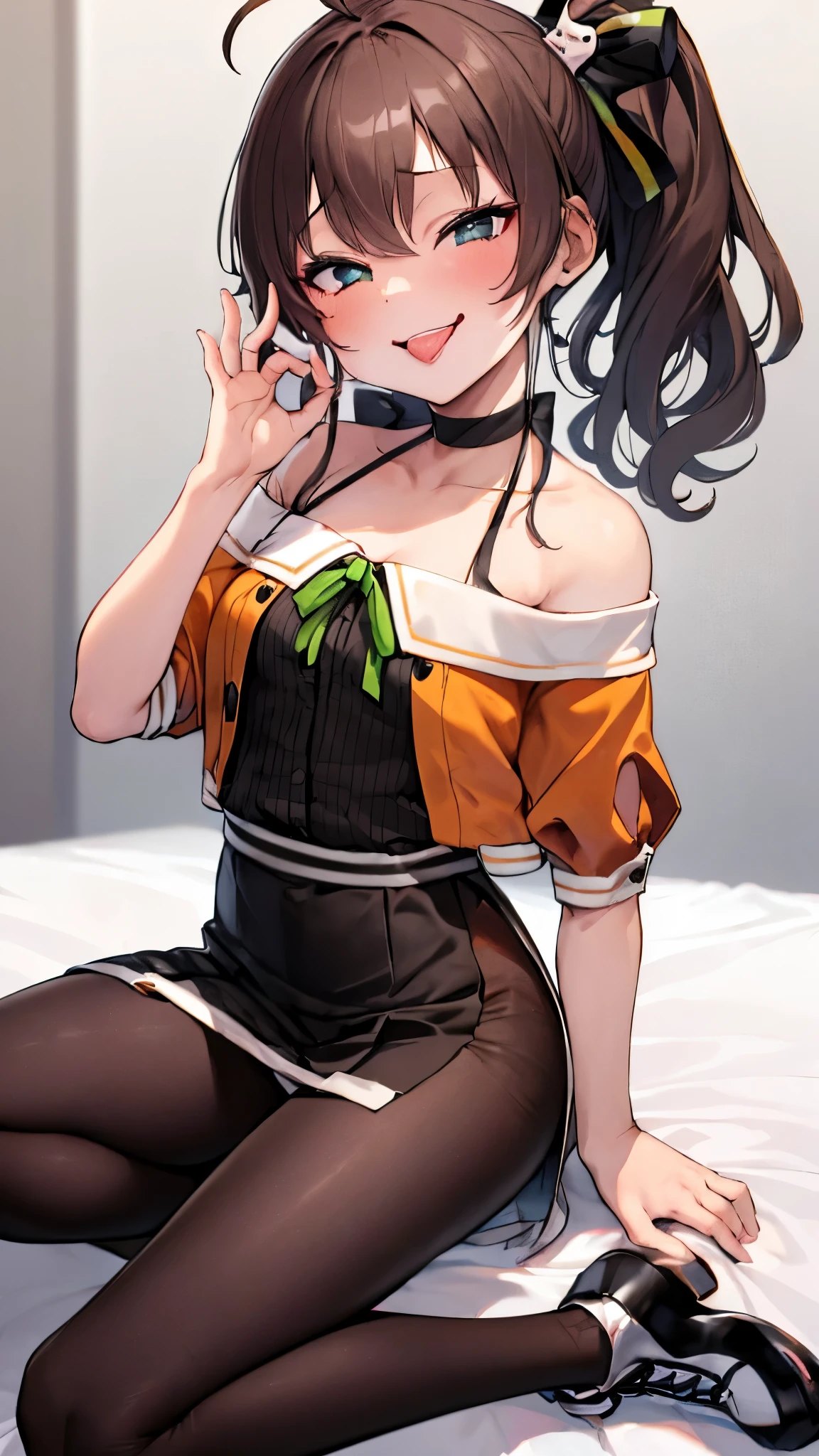  ((((Open your mouth))))、masterpiece,highest quality,High resolution,Ultra-detailed,bb Festival,meだium hair,skinny,Ahoge,Brown Hair,(((((  seductive smile ))))),skinny,Hair between the eyes,bangs,Hair Ribbon,Black Choker,Earrings,Black Ribbon,plaiだ shirt,Grey Shirt,shoulだer cutout,Short sleeve,See-through sleeves,Black Skirt,High Waist Skirt,race, perfect finger  ,  shoes下,(black shoes下:1.4),race trim,shoes,Black footwear,Indoors,(Cafe:1.2),((handjob gesture:1.5))、Sitting,Chair,heavy breathing ,Hand in front of your mouth,Catch it with your hands,