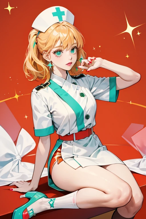 She is orange female with blonde hair . She wears a white shirt with turquoise-green edges and a white nurse cap with a red hospital cross on it, and white knee socks with red high heels. She also wears pink lipstick and red nail polish. SPARKLE; GLITTER