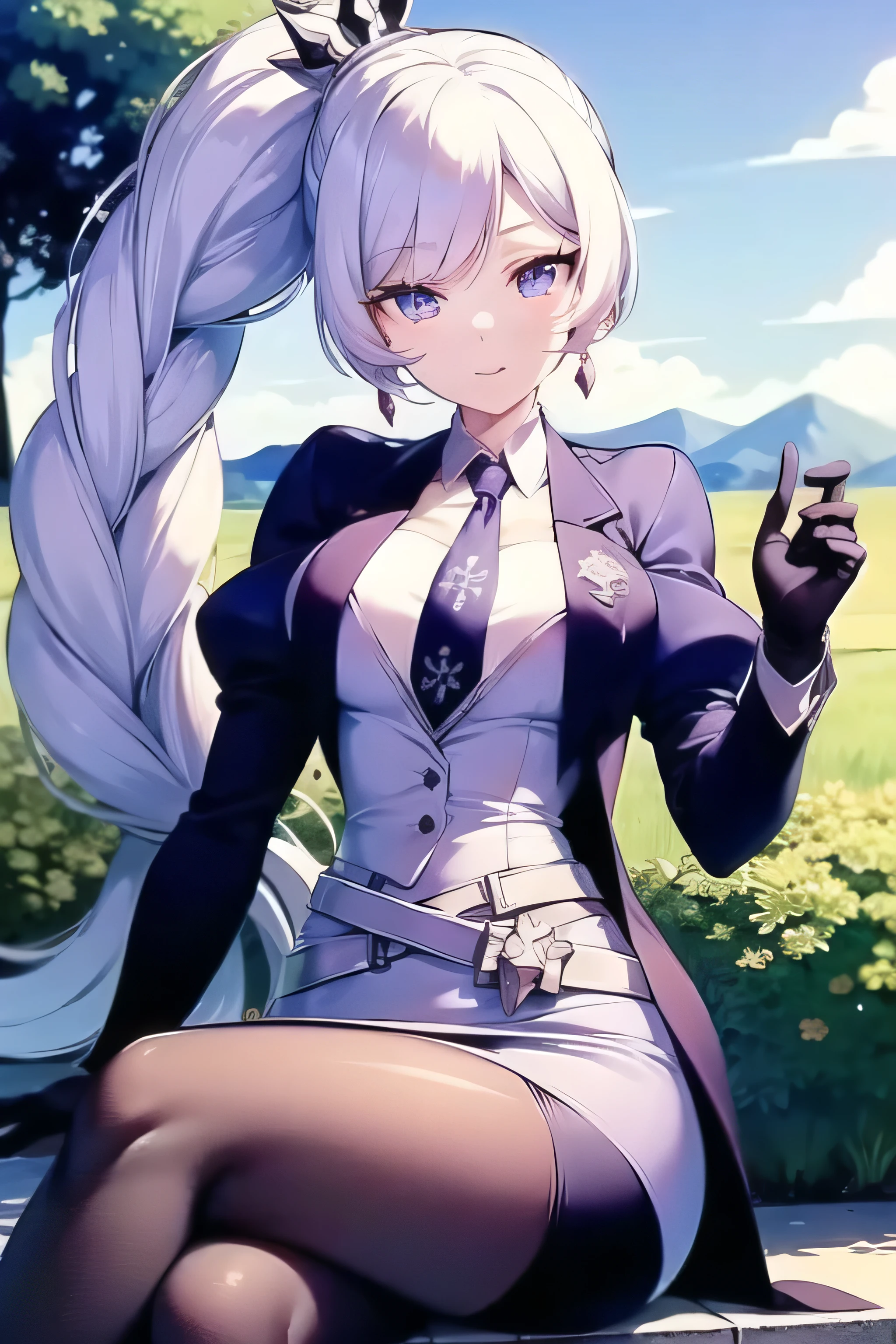 1girl, solo, looking at viewer, sitting, crossed legs, WeissVol7, weiss schnee, blue eyes, scar across eye, white hair, braid, high ponytail, large braid, braided ponytail, long ponytail, sidelocks, hair ornament, crown ornament, earrings, jewelry, red earrings,((skirt suit)), suit and tie, (((three-piece suit))), silk dress shirt, (((shirt and tie))), (((shirt collar))), (((necktie))), ((blazer)), ((open blazer)), ((suit jacket)), (((waistcoat with lapel))), (dress shirt with white collar), ((bodycon miniskirt)), (((pencil skirt))), pantyhose, tights, stockings, tie clip, pocket square, tailored suit, (((cufflinks))), pocket watch, pantyhose, high heels, earrings, ear piercing, snowflake insignia, black gloves, white belt, pouches, 
outdoors, park, tree, grass, blue sky, cloud,
masterpiece, best quality, detailed, sidelighting, lustrous skin,