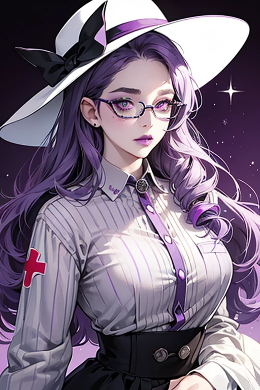 She is pale green with dark purple lipstick, purple eyeshadow and purple stripes. She has curly pale purple hair with a dark purple outline and has a mole on her face above her mouth. She wears black cat eyed glasses, white scrubs with a tag pinned on her shirt and a white hat with a red cross on it.  SPARKLE; GLITTER