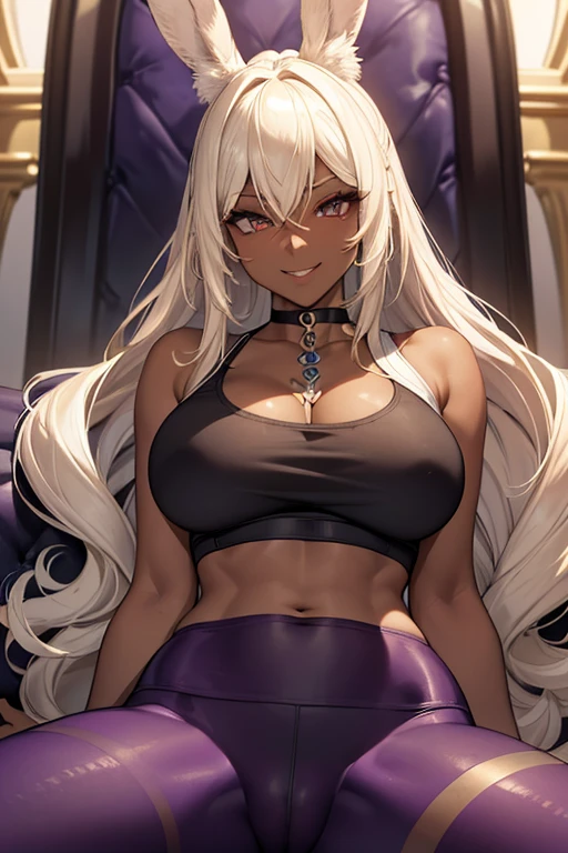 (masterpiece), best quality, highly detailed faces, (SHARP details), 4k, highly detailed, expressive eyes, SHARP detail expressive eyes, (SHARP detail perfect face), ((dark skin)), (bunny ears), (viera), ((platinum blonde hair)), (choker) amber eyes, long and wild hair, (mature woman), (big breasts), smiling, toned body, standing, (wearing white tank top), ((wearing purple yoga pants)), ((solo)), wide hips, (((view from front))), (cameltoe), sitting, smile, midriff, sitting on chair, (legs up), spread legs, leaning back, 