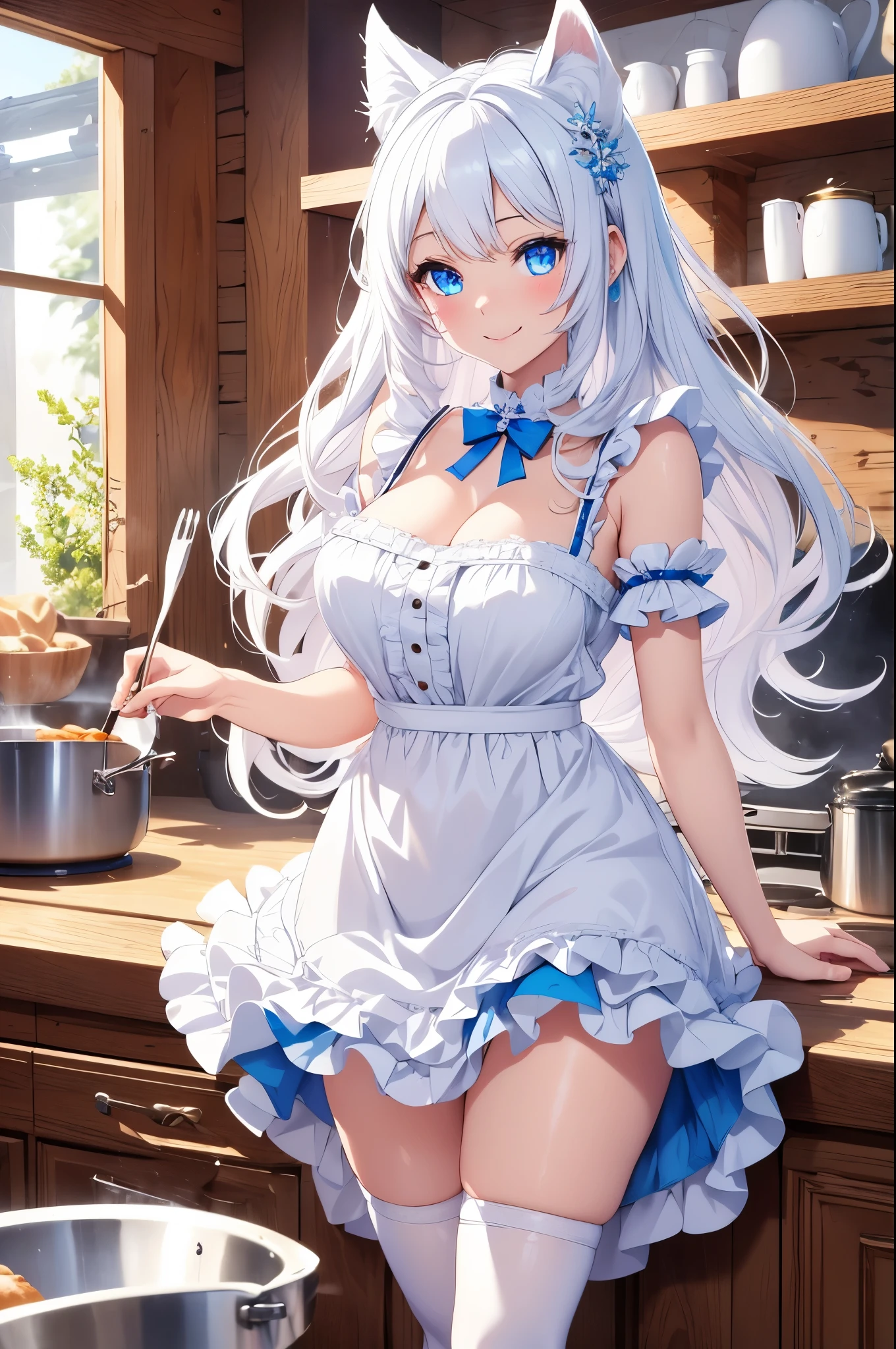 best quality, super fine, 16k, incredibly absurdres, extremely detailed, cute white wolf beast girl, big ears, iridescent blue eyes, smile, wearing cute frilly dress with white frills, cooking in an apron, background log cabin fairytale kitchen