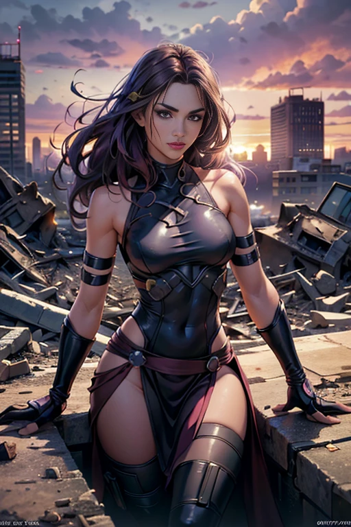 Keira Knightley、Torn Suit、I'm wearing a skirt、masterpiece, 1 Girl, マーベルのサイロックとしてbeautiful女性, Psylocke Cosplay from X-Men、Purple Suit、Fine and delicate features, Futuristic New York Background, Science fiction, blonde, Super Heroine, heroic, Perfect balance, photograph, 超Realistic, masterpiece, 8k, large format camera, 110mm lens, Dynamic Lighting, Rim lighting、Official Art, extremely detailed CG 8K wallpaper, perfect Lighting, De color, bright_amount_method_Light, piel bright, (masterpiece:1.0), (Better_quality:1.0), Ultra-high resolution, 4k , Very detailed, Director of Photography, 8K, HDR, Altas ResoLightones, (Confused:1.2), Kodak Portrait 400, Film Grain, Blurred Background, (Bokeh:1.2), Lens flare, (Vibrant_color:1.2), プロのphotograph撮影, (beautiful_method:1.5),More detailed 8K.Unreal Engine:1.4,Hmm.,La Better calidad:1.4, Realistic:1.4, Skin temperature:1.4, masterpiece:1.8,masterpiece, Better calidad,Object Object], (Detailed facial features:1.3),(Anti-sedentary apocalyptic destroyed city:1.4), (Apocalyptic Sunset:1.4)