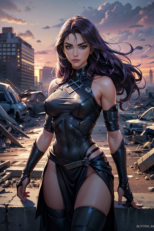 Anne Hathaway、Torn Suit、I'm wearing a skirt、masterpiece, 1 Girl, マーベルのサイロックとしてbeautiful女性, Psylocke Cosplay from X-Men、Purple Suit、Fine and delicate features, Futuristic New York Background, Science fiction, blonde, Super Heroine, heroic, Perfect balance, photograph, 超Realistic, masterpiece, 8k, large format camera, 110mm lens, Dynamic Lighting, Rim lighting、Official Art, extremely detailed CG 8K wallpaper, perfect Lighting, De color, bright_amount_method_Light, piel bright, (masterpiece:1.0), (Better_quality:1.0), Ultra-high resolution, 4k , Very detailed, Director of Photography, 8K, HDR, Altas ResoLightones, (Confused:1.2), Kodak Portrait 400, Film Grain, Blurred Background, (Bokeh:1.2), Lens flare, (Vibrant_color:1.2), プロのphotograph撮影, (beautiful_method:1.5),More detailed 8K.Unreal Engine:1.4,Hmm.,La Better calidad:1.4, Realistic:1.4, Skin temperature:1.4, masterpiece:1.8,masterpiece, Better calidad,Object Object], (Detailed facial features:1.3),(Anti-sedentary apocalyptic destroyed city:1.4), (Apocalyptic Sunset:1.4)