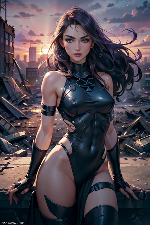 Keira Knightley、Torn Suit、I'm wearing a skirt、masterpiece, 1 Girl, マーベルのサイロックとしてbeautiful女性, Psylocke Cosplay from X-Men、Purple Suit、Fine and delicate features, Futuristic New York Background, Science fiction, blonde, Super Heroine, heroic, Perfect balance, photograph, 超Realistic, masterpiece, 8k, large format camera, 110mm lens, Dynamic Lighting, Rim lighting、Official Art, extremely detailed CG 8K wallpaper, perfect Lighting, De color, bright_amount_method_Light, piel bright, (masterpiece:1.0), (Better_quality:1.0), Ultra-high resolution, 4k , Very detailed, Director of Photography, 8K, HDR, Altas ResoLightones, (Confused:1.2), Kodak Portrait 400, Film Grain, Blurred Background, (Bokeh:1.2), Lens flare, (Vibrant_color:1.2), プロのphotograph撮影, (beautiful_method:1.5),More detailed 8K.Unreal Engine:1.4,Hmm.,La Better calidad:1.4, Realistic:1.4, Skin temperature:1.4, masterpiece:1.8,masterpiece, Better calidad,Object Object], (Detailed facial features:1.3),(Anti-sedentary apocalyptic destroyed city:1.4), (Apocalyptic Sunset:1.4)
