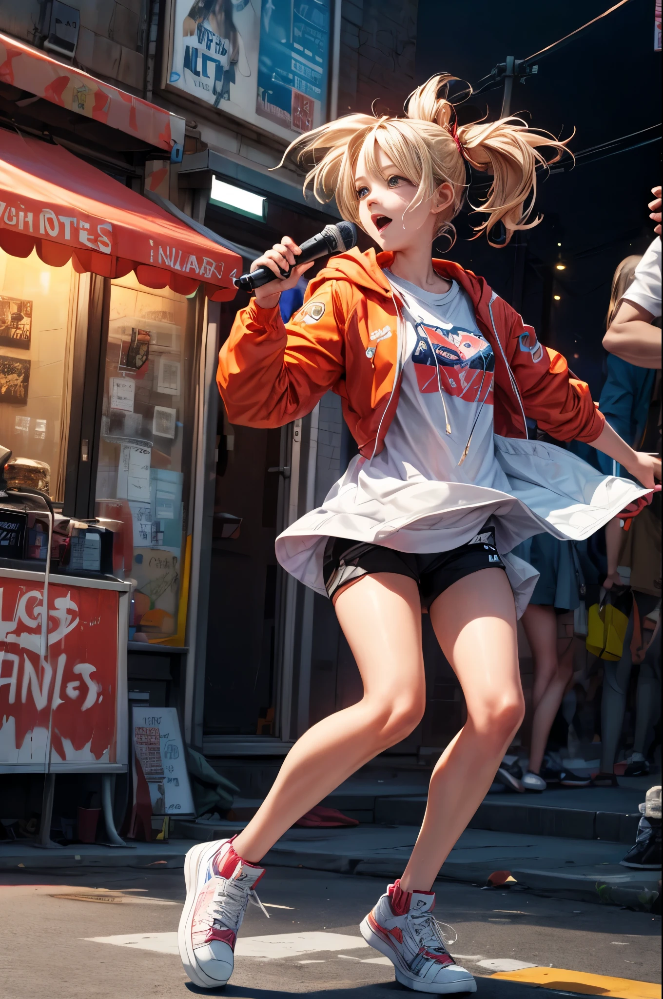 (highres:1.2),ultra-detailed,realistic,sharp focus,colorful,graffiti-covered walls,girl rapper street performer,vibrant clothing,Hip Hop singer,singing passionately,energetic performance,street art backdrop,urban atmosphere,bustling street scene,hustle and bustle,expressive facial expressions,dynamic pose,funky accessories,microphone in hand,confident stage presence,attention-grabbing fashion style,unique street style,city nightlife,neon lights illuminating,street fashion culture,youthful energy,cheering crowd,positive vibes,hip-hop culture,urban music scene,music and art fusion,stylish sneakers,urban graffiti culture,paint-splattered streets,urban talent showcase,vivid colors,eye-catching visuals,high-energy performance,electric atmosphere,musical expression,urban lifestyle