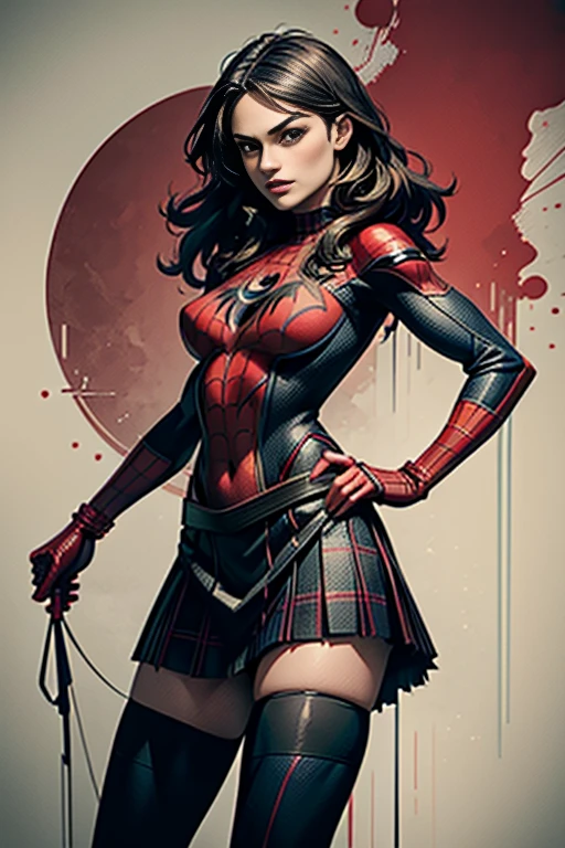 Keira Knightley、stick out the navel、new york、She&#39;s wearing a torn Spider-Man suit,Wearing a skirt、 Red and black color scheme,dynamic、masterpiece、highest quality、Ultra-detailed、Very detailed、Beautiful sparkle in the details、超A high resolution