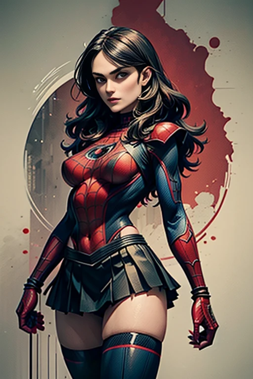 Keira Knightley、stick out the navel、new york、She's wearing a torn Spider-Man suit,Wearing a skirt、 Red and black color scheme,dynamic、masterpiece、highest quality、Ultra-detailed、Very detailed、Beautiful sparkle in the details、超A high resolution