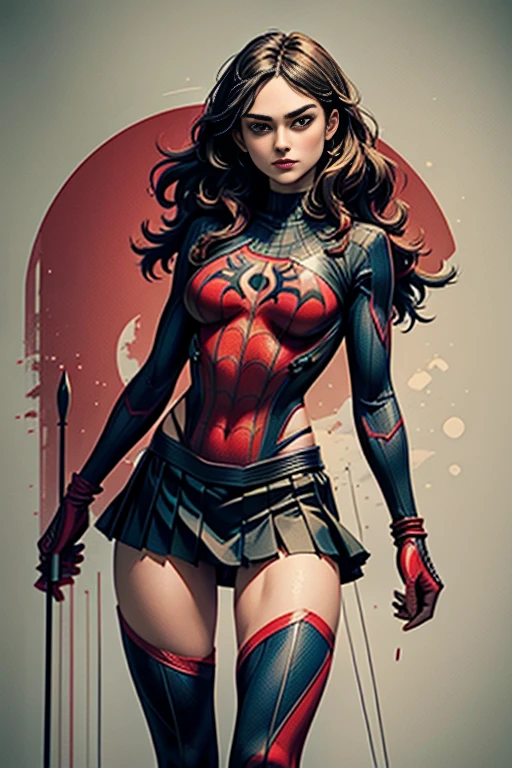 Keira Knightley、stick out the navel、new york、She's wearing a torn Spider-Man suit,Wearing a skirt、 Red and black color scheme,dynamic、masterpiece、highest quality、Ultra-detailed、Very detailed、Beautiful sparkle in the details、超A high resolution