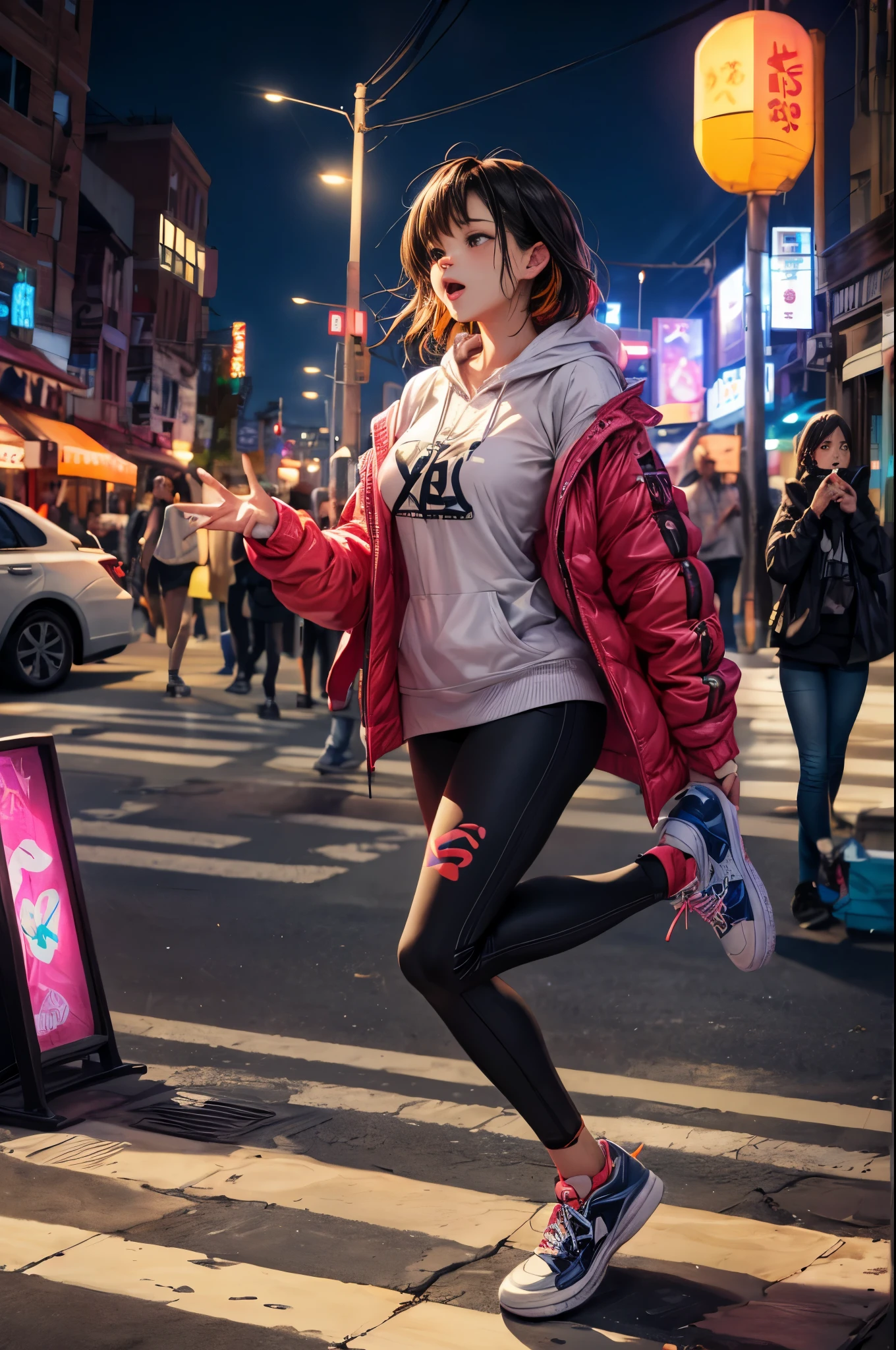 (highres:1.2),ultra-detailed,realistic,sharp focus,colorful,graffiti-covered walls,girl rapper street performer,vibrant clothing,Hip Hop singer,singing passionately,energetic performance,street art backdrop,urban atmosphere,bustling street scene,hustle and bustle,expressive facial expressions,dynamic pose,funky accessories,microphone in hand,confident stage presence,attention-grabbing fashion style,unique street style,city nightlife,neon lights illuminating,street fashion culture,youthful energy,cheering crowd,positive vibes,hip-hop culture,urban music scene,music and art fusion,stylish sneakers,urban graffiti culture,paint-splattered streets,urban talent showcase,vivid colors,eye-catching visuals,high-energy performance,electric atmosphere,musical expression,urban lifestyle