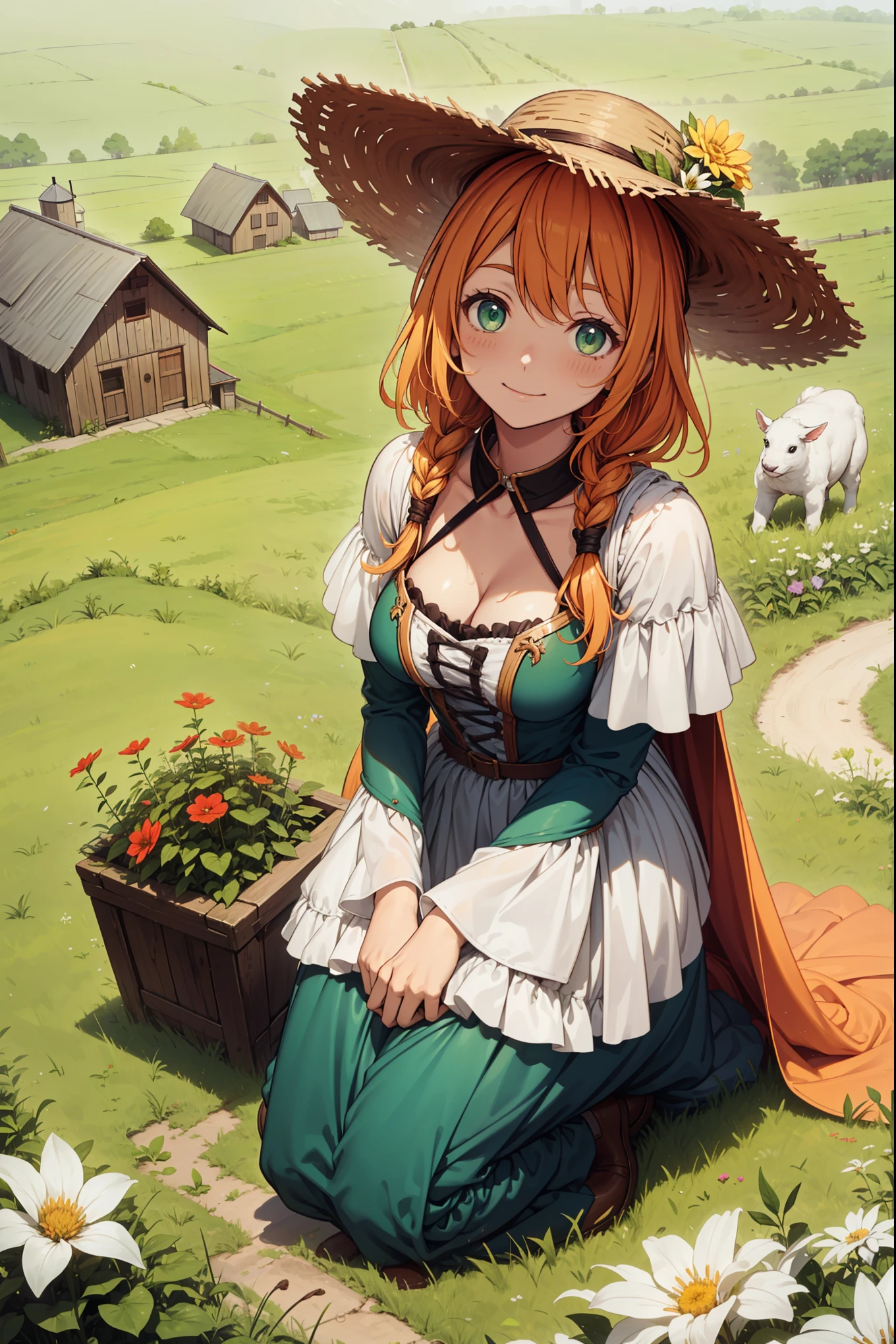 (Best quality, A high resolution, Textured skin, High quality, High details, High details,Extremely detailed CG unity), Enchanted,having fun,Being in love,female farmer, farmer in fantasy world, orange hair, green eyes, straw hat, flowers on hat, braids, basic dress, solo person, Dazzle, woman, beautiful, detailed farm, outdoors, farm yard, working, detailed farm animals, kneeling on grass, growing plants, barn yard, farm barn detailed scene
