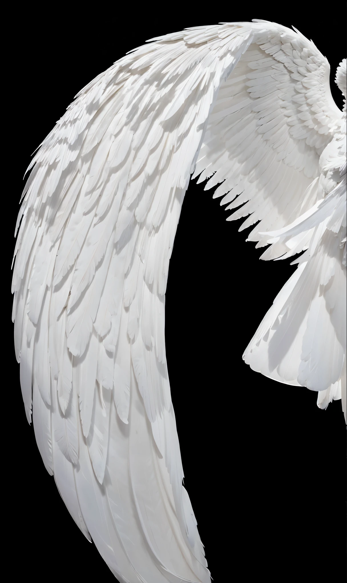 white bright glowing wing angel on black background, white realistic feather on wings, flying pose, ascending, angel wing facing bottom, ascending wing pose, very big wing, giant angel wing on closeup, closeup angel wings, angel is light source, masterpiece photo, photorealism, detailed angel wings