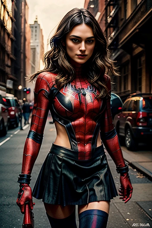 Keira Knightley、stick out the navel、new york、She's wearing a torn Spider-Man suit,Wearing a skirt、 Red and black color scheme,dynamic、masterpiece、highest quality、Ultra-detailed、Very detailed、Beautiful sparkle in the details、超A high resolution