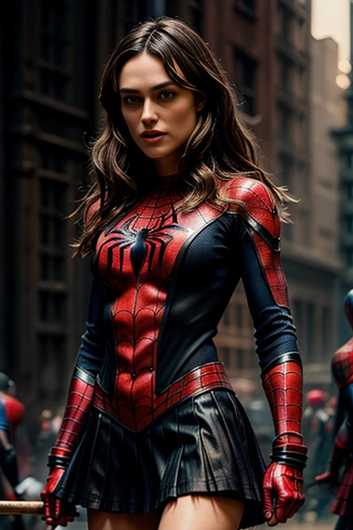 Keira Knightley、stick out the navel、new york、She's wearing a torn Spider-Man suit,Wearing a skirt、 Red and black color scheme,dynamic、masterpiece、highest quality、Ultra-detailed、Very detailed、Beautiful sparkle in the details、超A high resolution