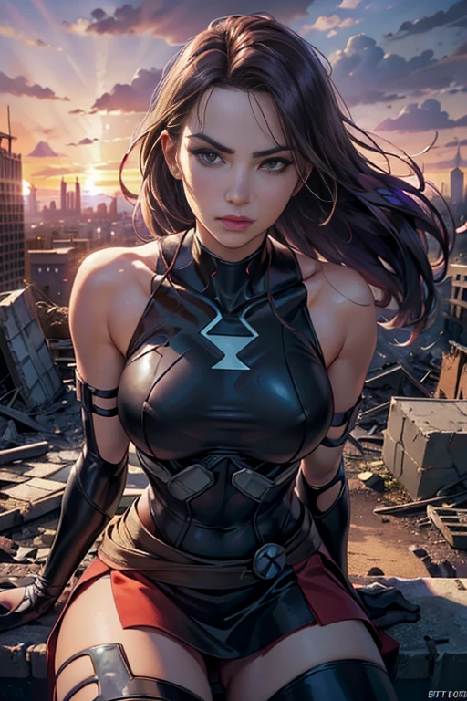 Daisy Ridley、Torn Suit、I'm wearing a skirt、masterpiece, 1 Girl, マーベルのサイロックとしてbeautiful女性, Psylocke Cosplay from X-Men、Purple Suit、Fine and delicate features, Futuristic New York Background, Science fiction, blonde, Super Heroine, heroic, Perfect balance, photograph, 超Realistic, masterpiece, 8k, large format camera, 110mm lens, Dynamic Lighting, Rim lighting、Official Art, extremely detailed CG 8K wallpaper, perfect Lighting, De color, bright_amount_method_Light, piel bright, (masterpiece:1.0), (Better_quality:1.0), Ultra-high resolution, 4k , Very detailed, Director of Photography, 8K, HDR, Altas ResoLightones, (Confused:1.2), Kodak Portrait 400, Film Grain, Blurred Background, (Bokeh:1.2), Lens flare, (Vibrant_color:1.2), プロのphotograph撮影, (beautiful_method:1.5),More detailed 8K.Unreal Engine:1.4,Hmm.,La Better calidad:1.4, Realistic:1.4, Skin temperature:1.4, masterpiece:1.8,masterpiece, Better calidad,Object Object], (Detailed facial features:1.3),(Anti-sedentary apocalyptic destroyed city:1.4), (Apocalyptic Sunset:1.4)