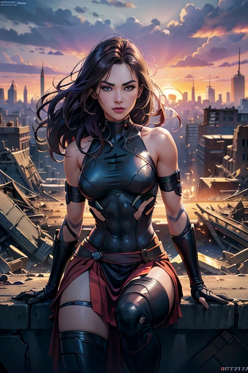 Daisy Ridley、Torn Suit、I'm wearing a skirt、masterpiece, 1 Girl, マーベルのサイロックとしてbeautiful女性, Psylocke Cosplay from X-Men、Purple Suit、Fine and delicate features, Futuristic New York Background, Science fiction, blonde, Super Heroine, heroic, Perfect balance, photograph, 超Realistic, masterpiece, 8k, large format camera, 110mm lens, Dynamic Lighting, Rim lighting、Official Art, extremely detailed CG 8K wallpaper, perfect Lighting, De color, bright_amount_method_Light, piel bright, (masterpiece:1.0), (Better_quality:1.0), Ultra-high resolution, 4k , Very detailed, Director of Photography, 8K, HDR, Altas ResoLightones, (Confused:1.2), Kodak Portrait 400, Film Grain, Blurred Background, (Bokeh:1.2), Lens flare, (Vibrant_color:1.2), プロのphotograph撮影, (beautiful_method:1.5),More detailed 8K.Unreal Engine:1.4,Hmm.,La Better calidad:1.4, Realistic:1.4, Skin temperature:1.4, masterpiece:1.8,masterpiece, Better calidad,Object Object], (Detailed facial features:1.3),(Anti-sedentary apocalyptic destroyed city:1.4), (Apocalyptic Sunset:1.4)