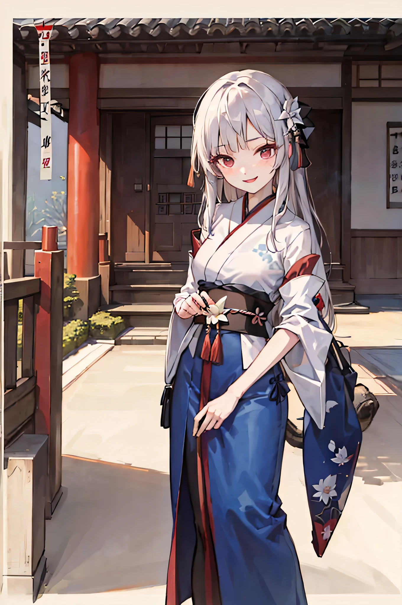 ((4k,masterpiece,best quality)), shuimobysim, traditional Chinese painting, lotus flowers, Hanfu, maxiskit, Dress conservatively 1girl, solo, blue long hair, smiled, standding, white pantyhose，((upper body)),((japanese temple background)),