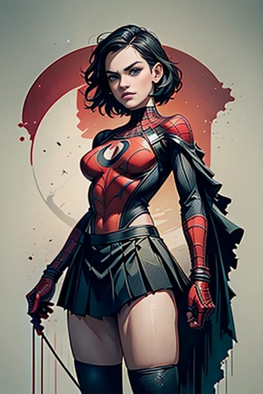 Daisy Ridley、stick out the navel、new york、She's wearing a torn Spider-Man suit,Wearing a skirt、 Red and black color scheme,dynamic、masterpiece、highest quality、Ultra-detailed、Very detailed、Beautiful sparkle in the details、超A high resolution
