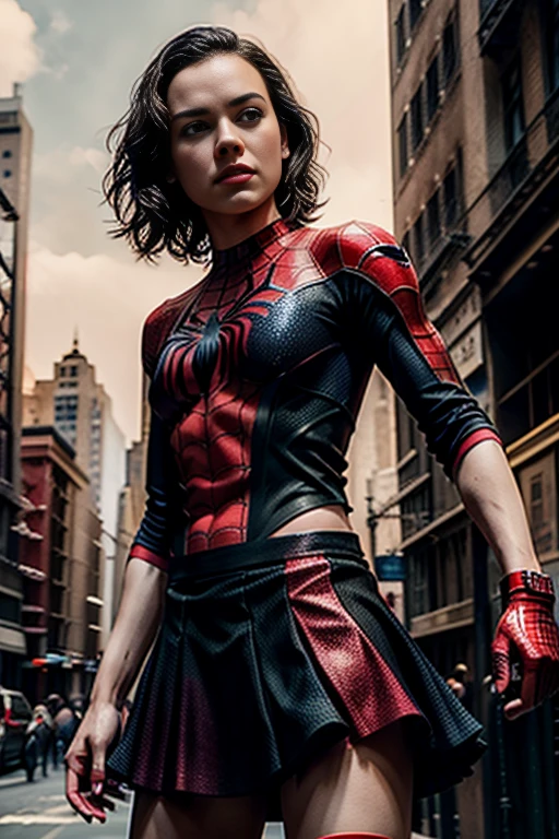 Daisy Ridley、stick out the navel、new york、She's wearing a torn Spider-Man suit,Wearing a skirt、 Red and black color scheme,dynamic、masterpiece、highest quality、Ultra-detailed、Very detailed、Beautiful sparkle in the details、超A high resolution