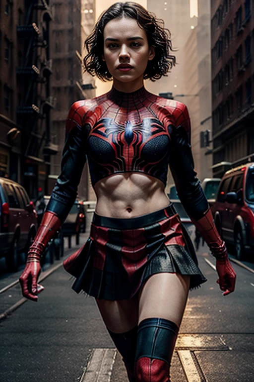 Daisy Ridley、stick out the navel、new york、She's wearing a torn Spider-Man suit,Wearing a skirt、 Red and black color scheme,dynamic、masterpiece、highest quality、Ultra-detailed、Very detailed、Beautiful sparkle in the details、超A high resolution