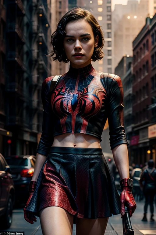 Daisy Ridley、stick out the navel、new york、She&#39;s wearing a torn Spider-Man suit,Wearing a skirt、 Red and black color scheme,dynamic、masterpiece、highest quality、Ultra-detailed、Very detailed、Beautiful sparkle in the details、超A high resolution