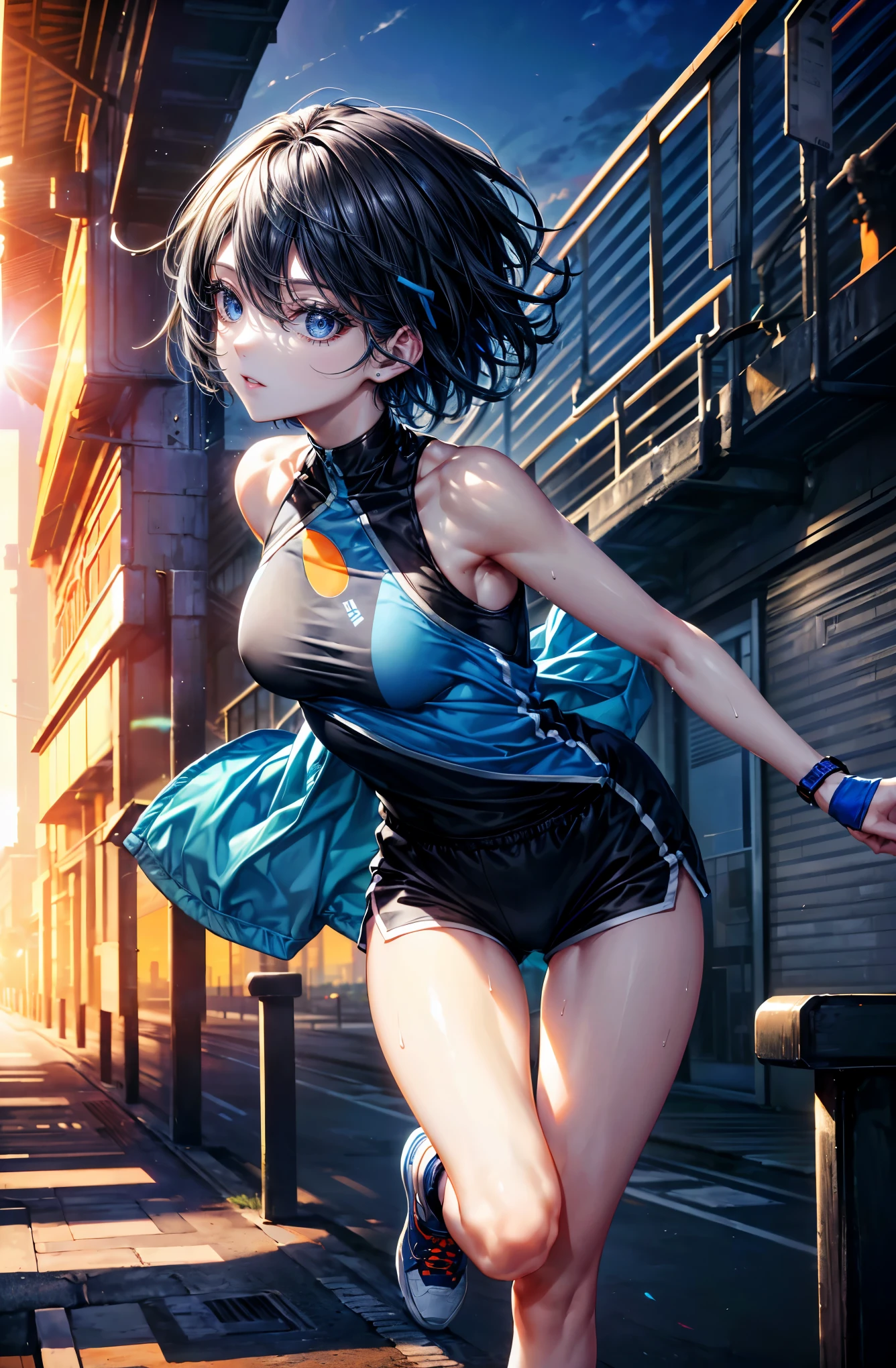 Hyper Quality、8K quality、High resolution、Image quality captured with a single-lens reflex camera、(software)、Perfect Anatomy、(Black Grey Short Hair、Shoulder-length hair:1.2)22 year old beauty.Mature face、blue eyes(Sharp look:1.4)(a small amount of sweat all over the body:1.2)(Good shape and normal breasts)
BREAK
(Wear a blue sporty outfit with lines、running shoes:1.3)(Uplifting:1.2)
Look to the side(Perfect Anatomy:1.4)break(watch the sunrise、Looking away:1.2)(The orange morning sun is dazzling🌇:1.3)(Tree with fresh green leaves々There is a park、Next to the lake:1.1)