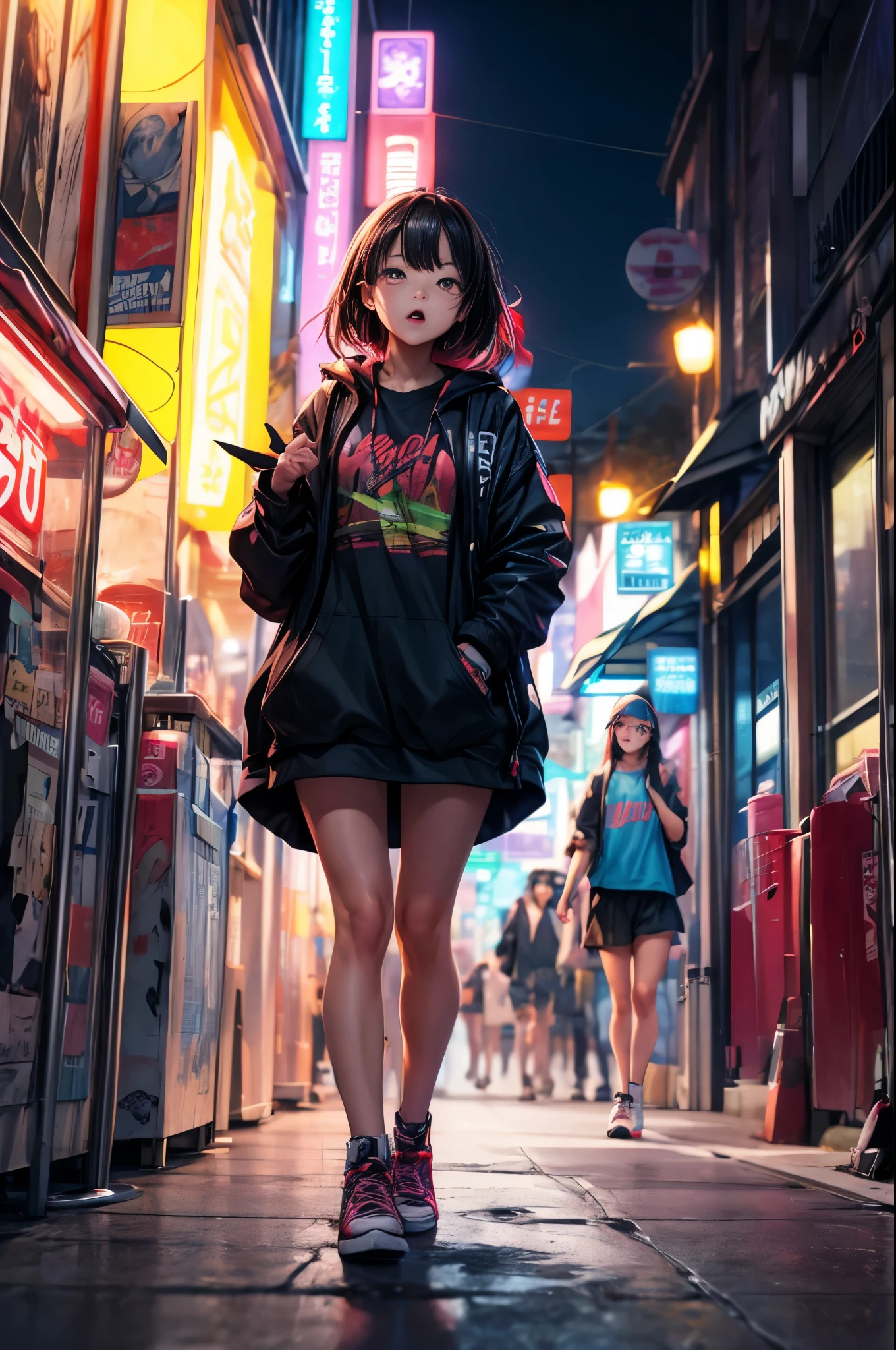 (highres:1.2),ultra-detailed,realistic,sharp focus,colorful,graffiti-covered walls,girl rapper street performer,vibrant clothing,Hip Hop singer,singing passionately,energetic performance,street art backdrop,urban atmosphere,bustling street scene,hustle and bustle,expressive facial expressions,dynamic pose,funky accessories,microphone in hand,confident stage presence,attention-grabbing fashion style,unique street style,city nightlife,neon lights illuminating,street fashion culture,youthful energy,cheering crowd,positive vibes,hip-hop culture,urban music scene,music and art fusion,stylish sneakers,urban graffiti culture,paint-splattered streets,urban talent showcase,vivid colors,eye-catching visuals,high-energy performance,electric atmosphere,musical expression,urban lifestyle
