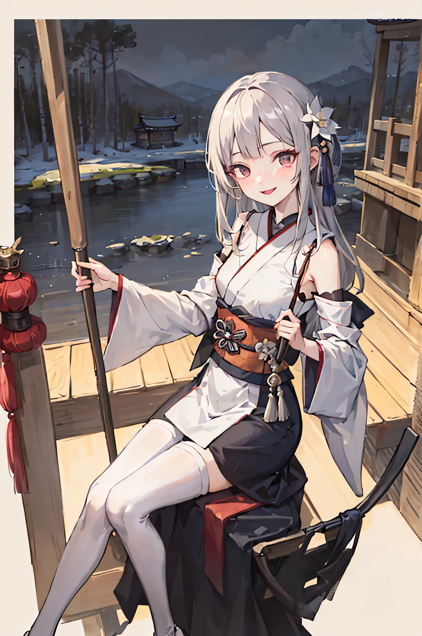 Masterpiece, needle night, mountain cloud, full moon, long hair, female, silver, long hair, mature, two eyes, gray eyes, assassin, dagger, flower, smile