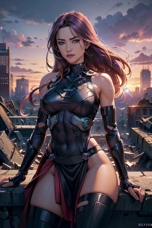 Olivia Wilde、Torn Suit、I'm wearing a skirt、masterpiece, 1 Girl, マーベルのサイロックとしてbeautiful女性, Psylocke Cosplay from X-Men、Purple Suit、Fine and delicate features, Futuristic New York Background, Science fiction, blonde, Super Heroine, heroic, Perfect balance, photograph, 超Realistic, masterpiece, 8k, large format camera, 110mm lens, Dynamic Lighting, Rim lighting、Official Art, extremely detailed CG 8K wallpaper, perfect Lighting, De color, bright_amount_method_Light, piel bright, (masterpiece:1.0), (Better_quality:1.0), Ultra-high resolution, 4k , Very detailed, Director of Photography, 8K, HDR, Altas ResoLightones, (Confused:1.2), Kodak Portrait 400, Film Grain, Blurred Background, (Bokeh:1.2), Lens flare, (Vibrant_color:1.2), プロのphotograph撮影, (beautiful_method:1.5),More detailed 8K.Unreal Engine:1.4,Hmm.,La Better calidad:1.4, Realistic:1.4, Skin temperature:1.4, masterpiece:1.8,masterpiece, Better calidad,Object Object], (Detailed facial features:1.3),(Anti-sedentary apocalyptic destroyed city:1.4), (Apocalyptic Sunset:1.4)