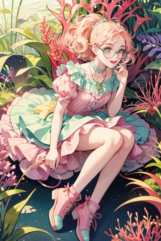 She is a yellow who has pink, puffy hair and wears a blue necklace, a light pink dress, dull brown shoes with shoelaces, and red glasses. She also wears mint-green eyeshadow and red lipstick, and has a kelp-green back fin, a mole on her left cheek, and a few freckles and hairs on her chin. SPARKLE; GLITTER