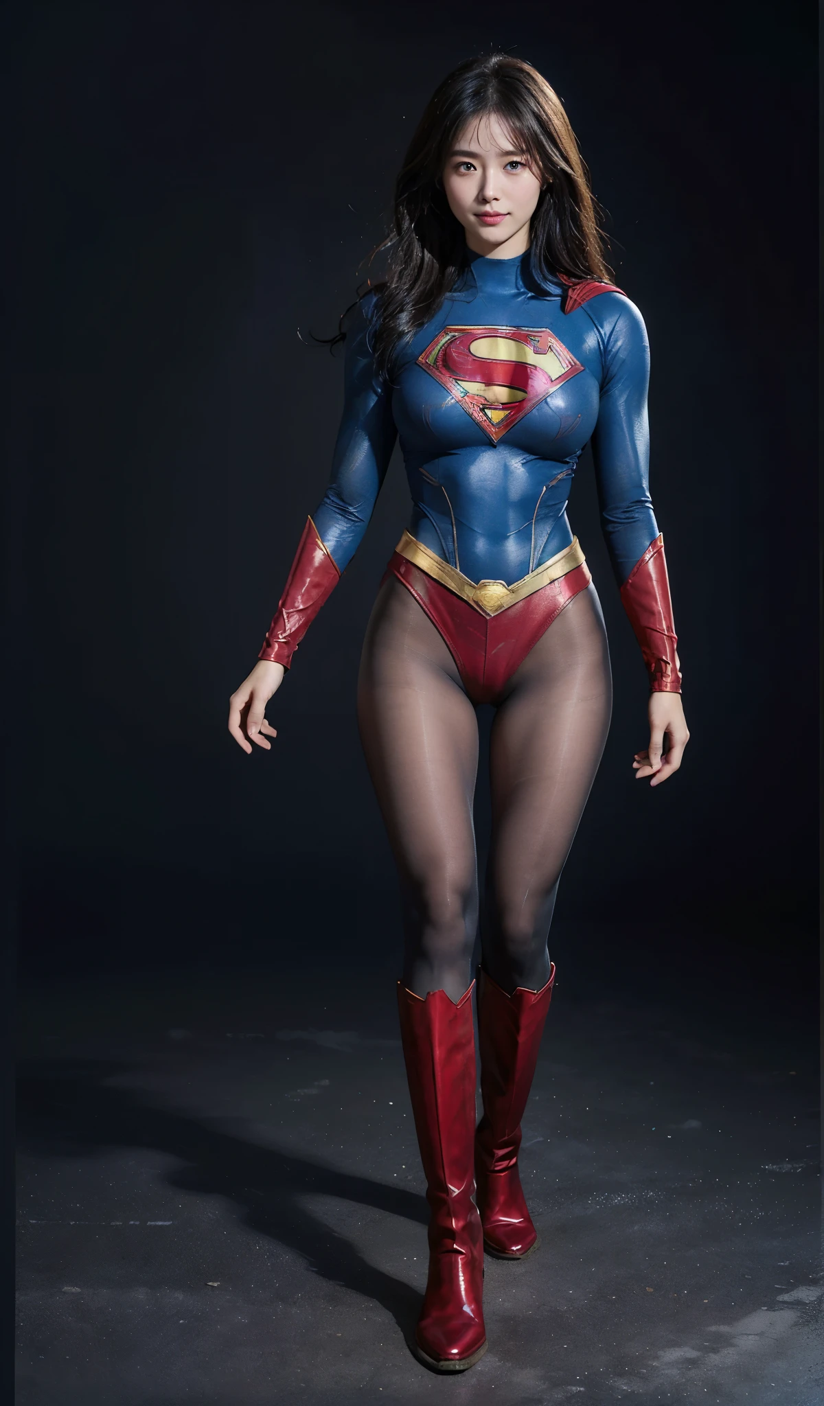 No background、(((Beautiful legs in black tights.)))、(((Legally express the beauty of your smile)))、((((Make the most of your original images)))、(((Supergirl Costume)))、(((Beautiful Hair)))、(((suffering)))、(((Please wear black tights....、Wear red boots)))、((Best image quality、8K))、((highest quality、8K、masterpiece:1.3))、(((Preserve background )))、Sharp focus:1.2、Beautiful woman with perfect figure:1.4、Thin abdominal muscles:1.2、Wet body:1.5、Highly detailed face and skin texture、8K