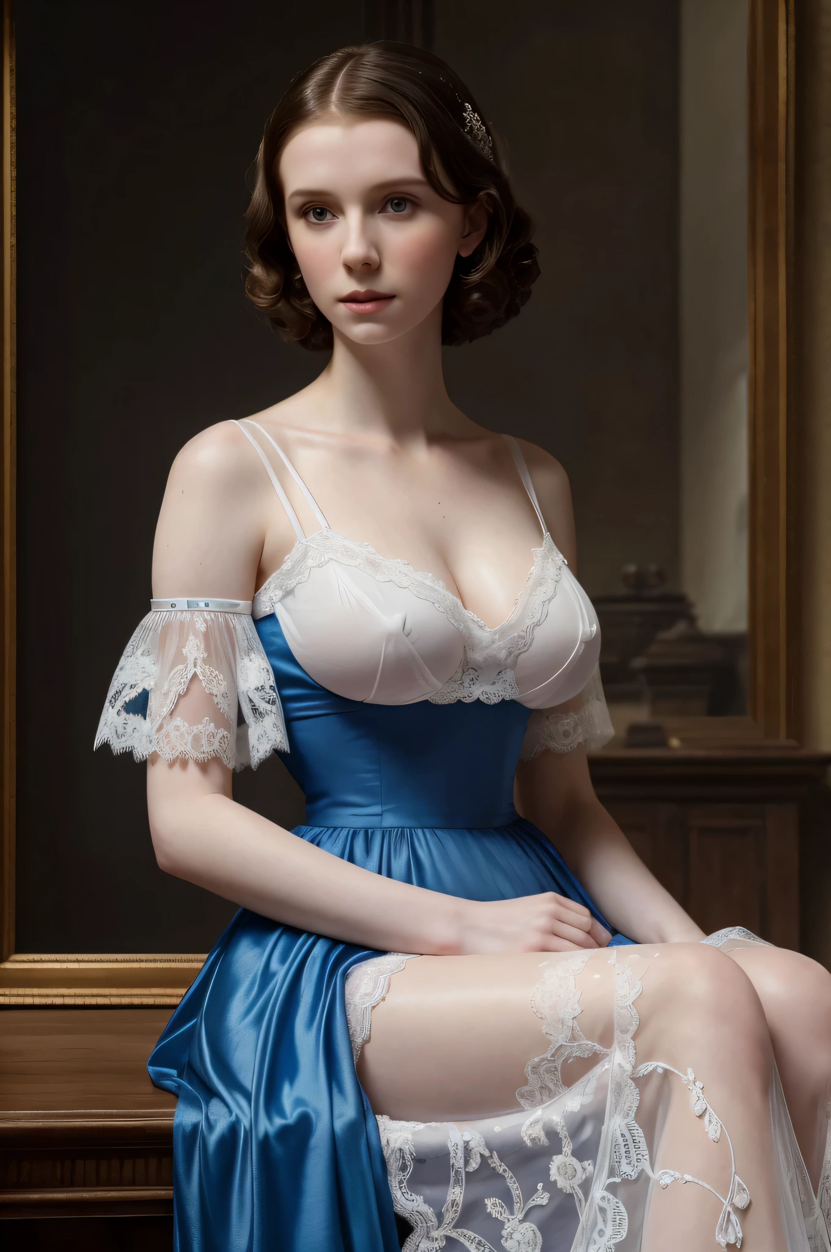 ((high resolution)), ((pale skin)), ((very pale skin)), Millie Bobby Brown, ((huge breasts)), white lace, blue dress, in the style of Anthony van Dyck