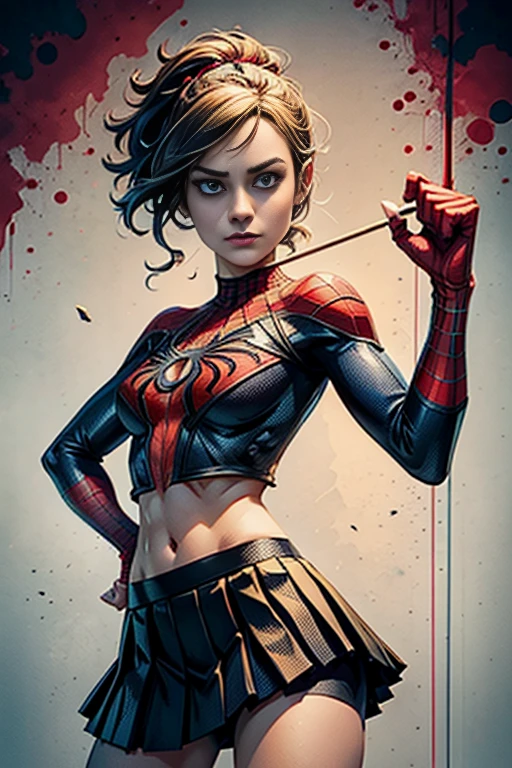 Brie Larson、stick out the navel、new york、She's wearing a torn Spider-Man suit,Wearing a skirt、 Red and black color scheme,dynamic、masterpiece、highest quality、Ultra-detailed、Very detailed、Beautiful sparkle in the details、超A high resolution