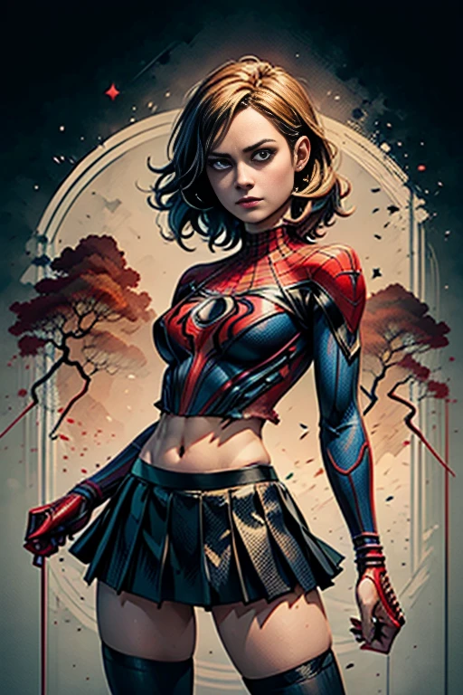 Brie Larson、stick out the navel、new york、She's wearing a torn Spider-Man suit,Wearing a skirt、 Red and black color scheme,dynamic、masterpiece、highest quality、Ultra-detailed、Very detailed、Beautiful sparkle in the details、超A high resolution